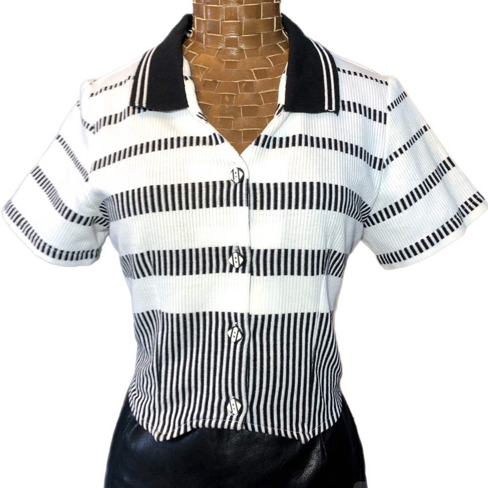 Vintage Striped Black & White Button Down Crop Top